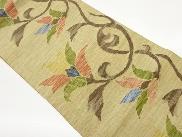 手織り紬花唐草模様織り出し名古屋帯